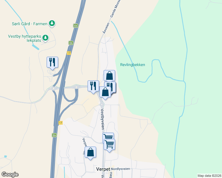 map of restaurants, bars, coffee shops, grocery stores, and more near 155 Vestbyveien in Vestby