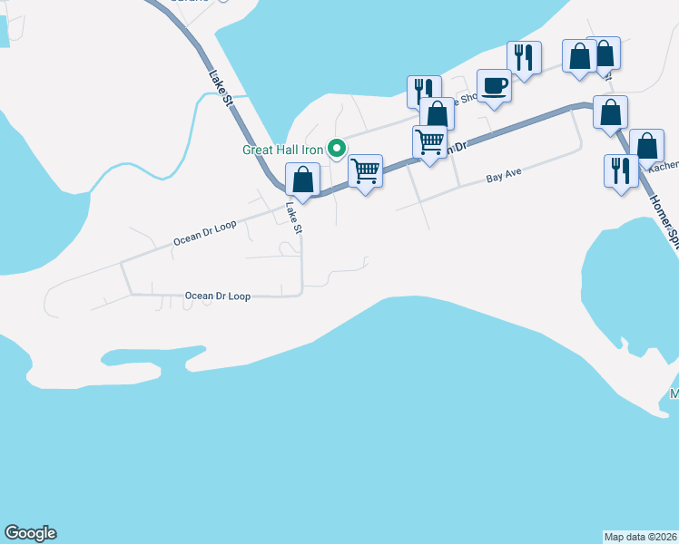 map of restaurants, bars, coffee shops, grocery stores, and more near 1103 Seabreeze Court in Homer