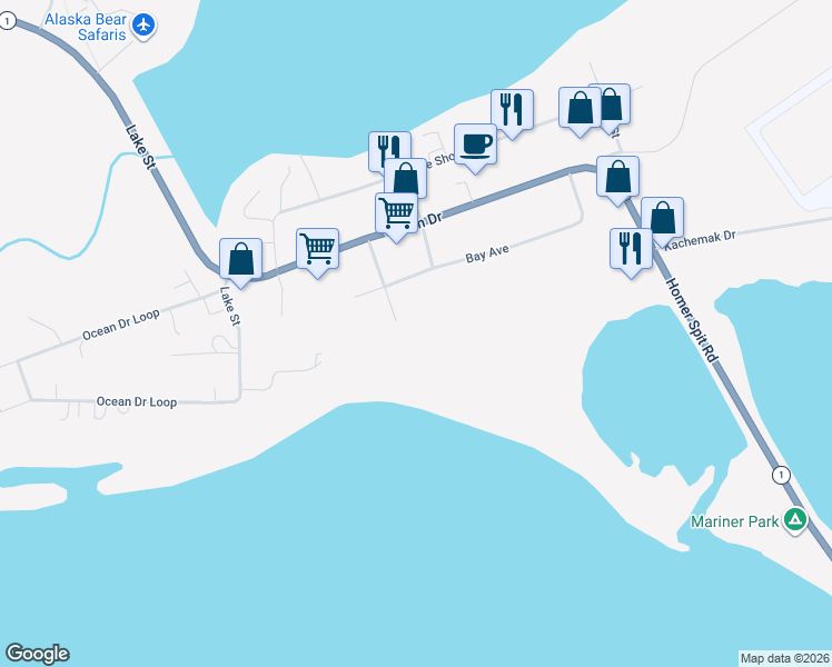 map of restaurants, bars, coffee shops, grocery stores, and more near 1199 Bay Avenue in Homer