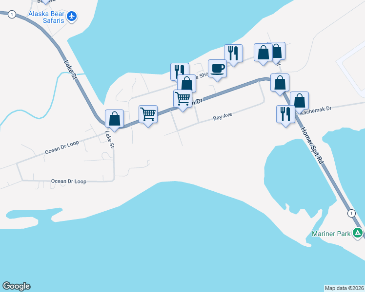 map of restaurants, bars, coffee shops, grocery stores, and more near 1199 Bay Avenue in Homer