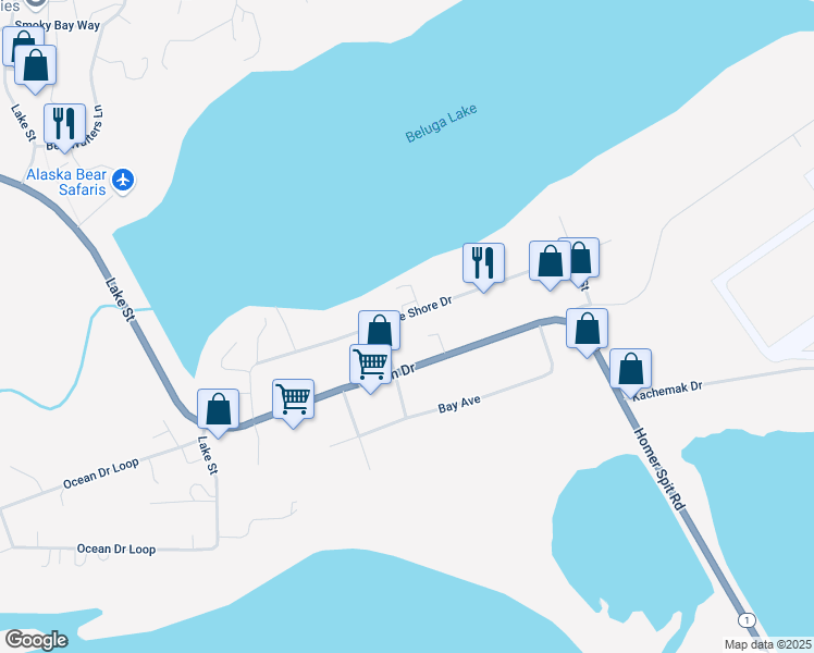 map of restaurants, bars, coffee shops, grocery stores, and more near 1308 Lake Shore Drive in Homer