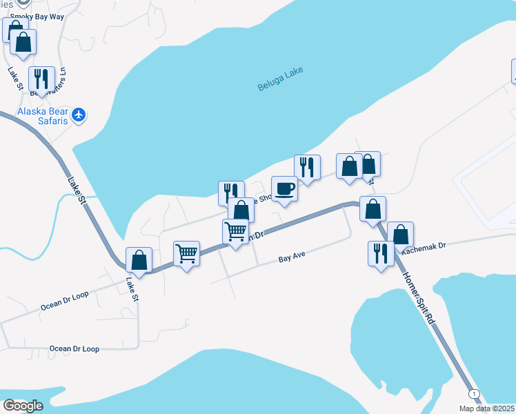 map of restaurants, bars, coffee shops, grocery stores, and more near 1308 Lake Shore Drive in Homer