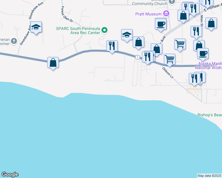 map of restaurants, bars, coffee shops, grocery stores, and more near 611 Hidden Way in Homer