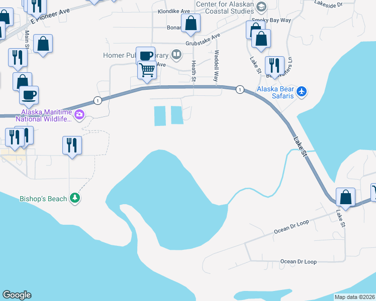 map of restaurants, bars, coffee shops, grocery stores, and more near 3500 Heath Street in Homer