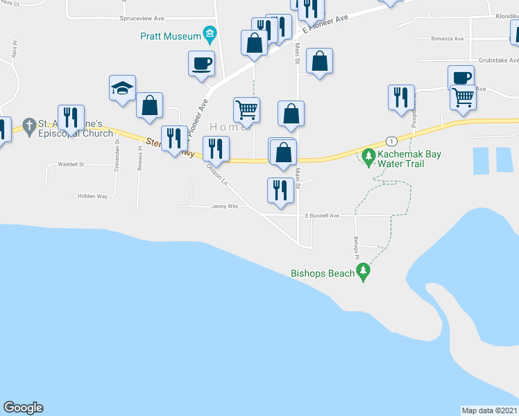 map of restaurants, bars, coffee shops, grocery stores, and more near 165 Ohlson Lane in Homer