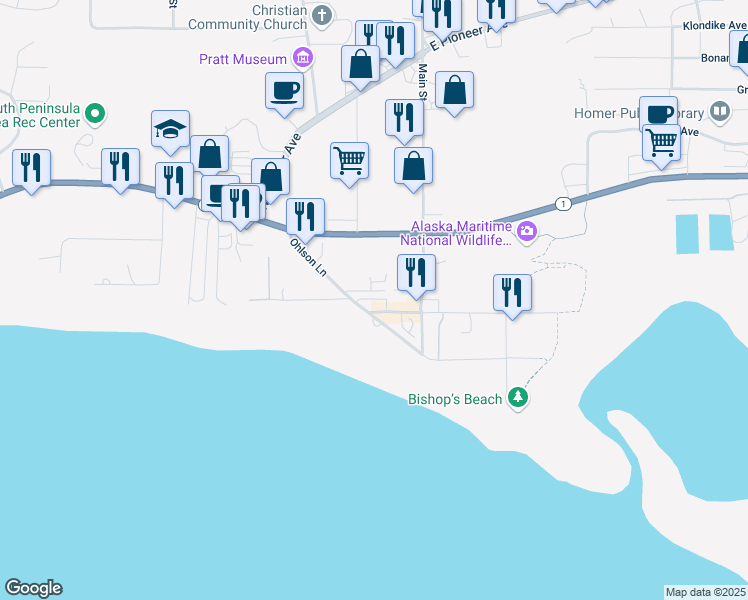 map of restaurants, bars, coffee shops, grocery stores, and more near 165 Ohlson Lane in Homer