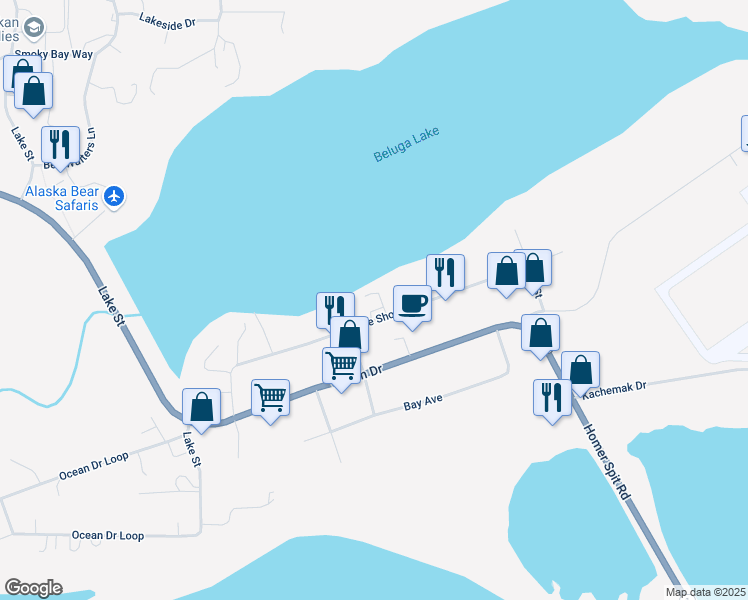 map of restaurants, bars, coffee shops, grocery stores, and more near 1308 Lake Shore Drive in Homer