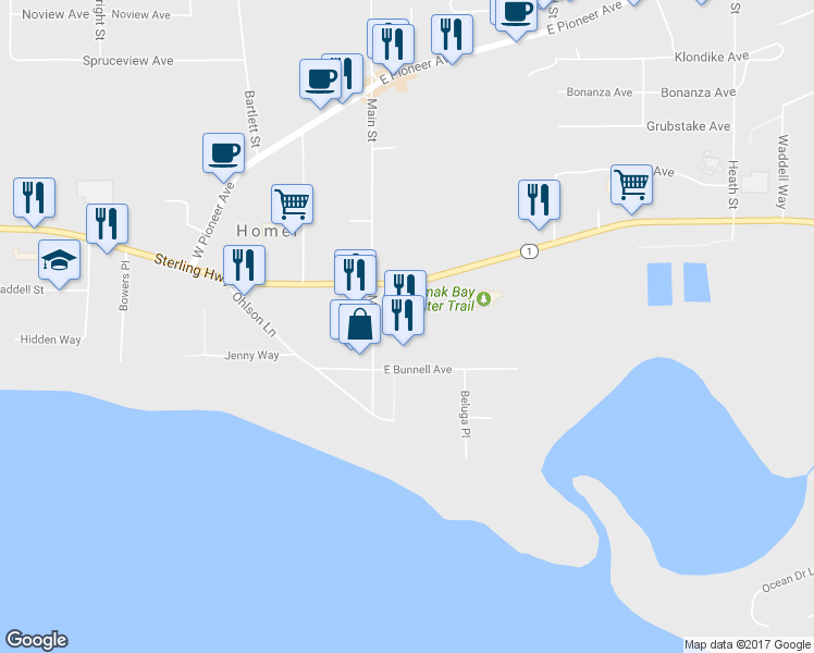 map of restaurants, bars, coffee shops, grocery stores, and more near 120 West Bunnell Avenue in Homer
