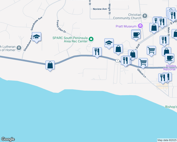 map of restaurants, bars, coffee shops, grocery stores, and more near 609 Waddell Street in Homer