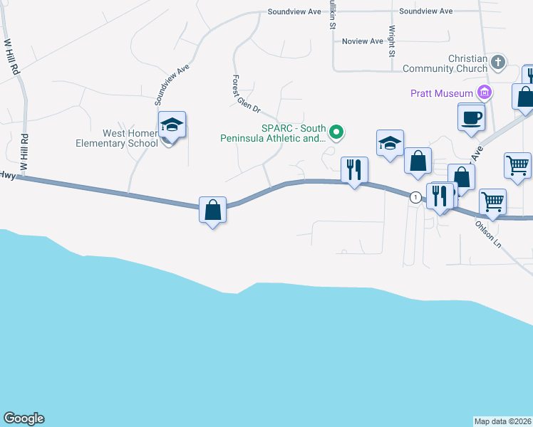 map of restaurants, bars, coffee shops, grocery stores, and more near 725 Sterling Highway in Homer