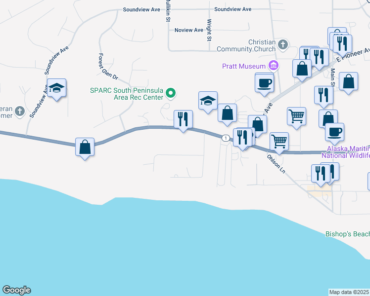 map of restaurants, bars, coffee shops, grocery stores, and more near 609 Waddell Street in Homer