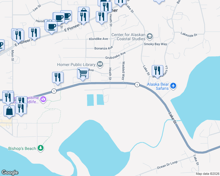 map of restaurants, bars, coffee shops, grocery stores, and more near 3500 Heath Street in Homer