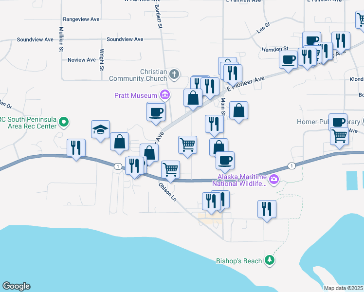 map of restaurants, bars, coffee shops, grocery stores, and more near 3637 Greatland Street in Homer
