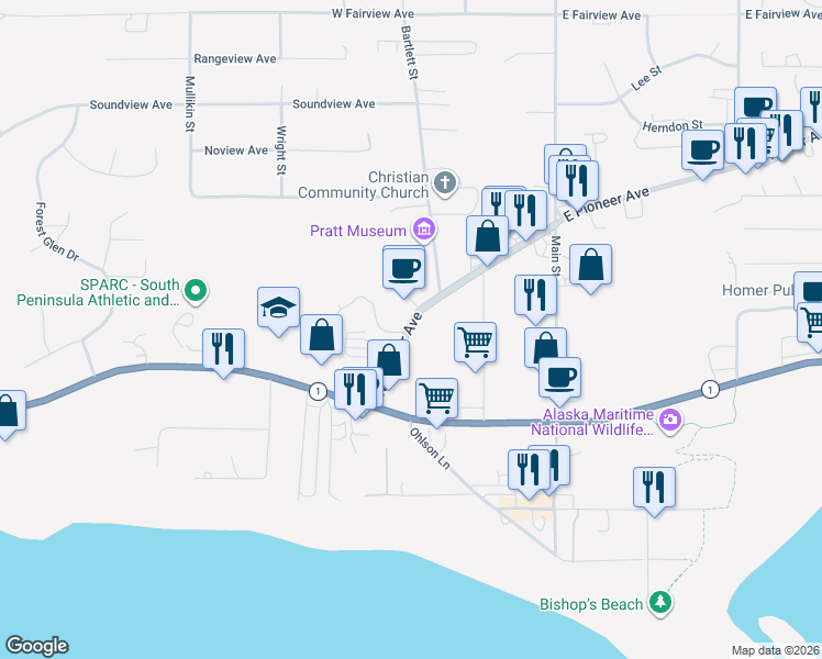 map of restaurants, bars, coffee shops, grocery stores, and more near 399 W Pioneer Ave in Homer