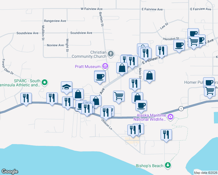 map of restaurants, bars, coffee shops, grocery stores, and more near 305 West Pioneer Avenue in Homer