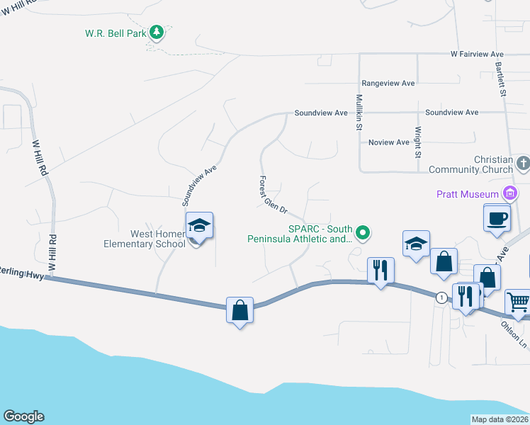 map of restaurants, bars, coffee shops, grocery stores, and more near 3791 Forest Glen Drive in Homer