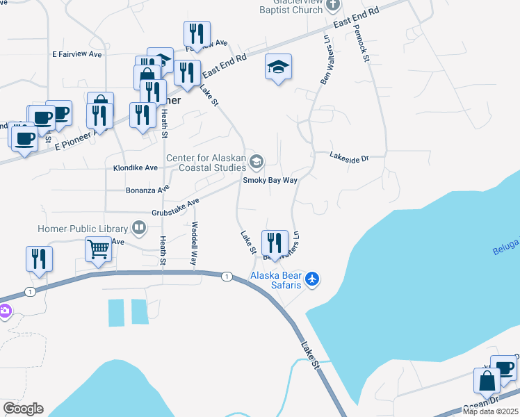 map of restaurants, bars, coffee shops, grocery stores, and more near 921 Ben Walters Ct in Homer