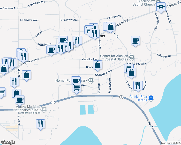 map of restaurants, bars, coffee shops, grocery stores, and more near 542 Grubstake Avenue in Homer