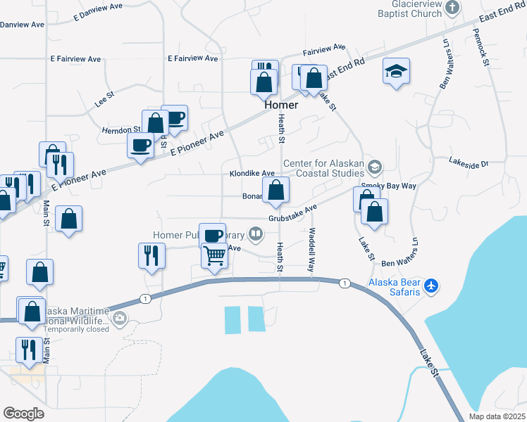 map of restaurants, bars, coffee shops, grocery stores, and more near 542 Grubstake Avenue in Homer