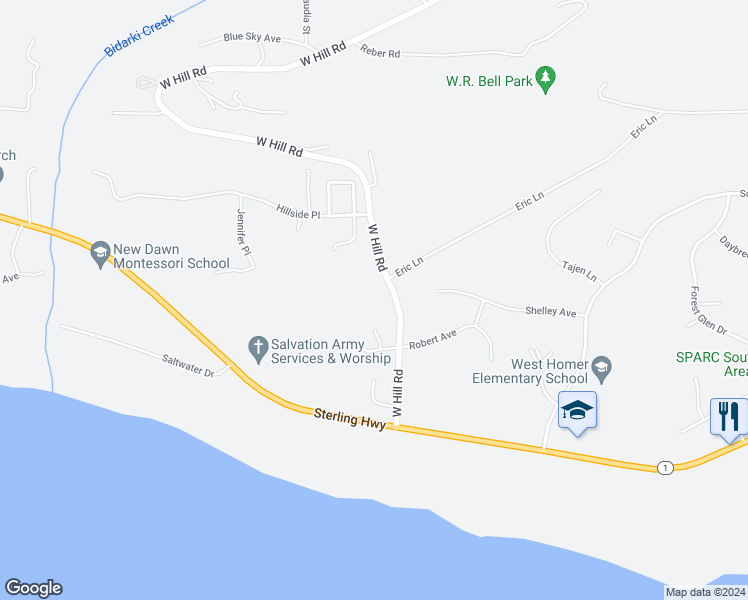 map of restaurants, bars, coffee shops, grocery stores, and more near 3815 West Hill Road in Homer