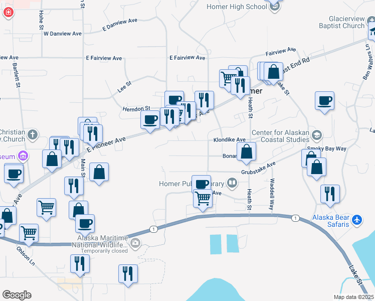map of restaurants, bars, coffee shops, grocery stores, and more near 382 Klondike Avenue in Homer