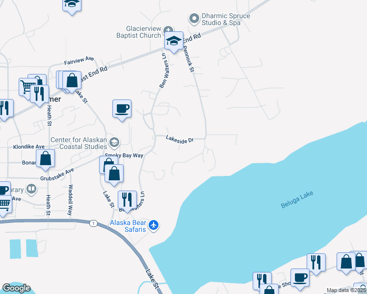 map of restaurants, bars, coffee shops, grocery stores, and more near 921 Ben Walters Court in Homer