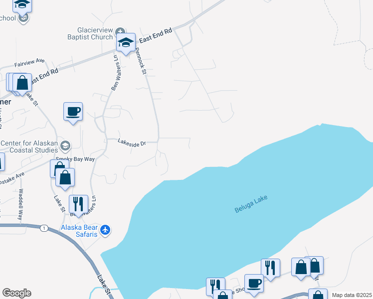 map of restaurants, bars, coffee shops, grocery stores, and more near 3850 Pennock Street in Homer
