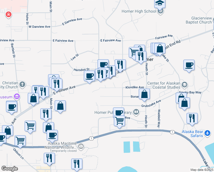 map of restaurants, bars, coffee shops, grocery stores, and more near 382 Klondike Avenue in Homer