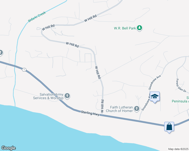 map of restaurants, bars, coffee shops, grocery stores, and more near 3815 West Hill Road in Homer