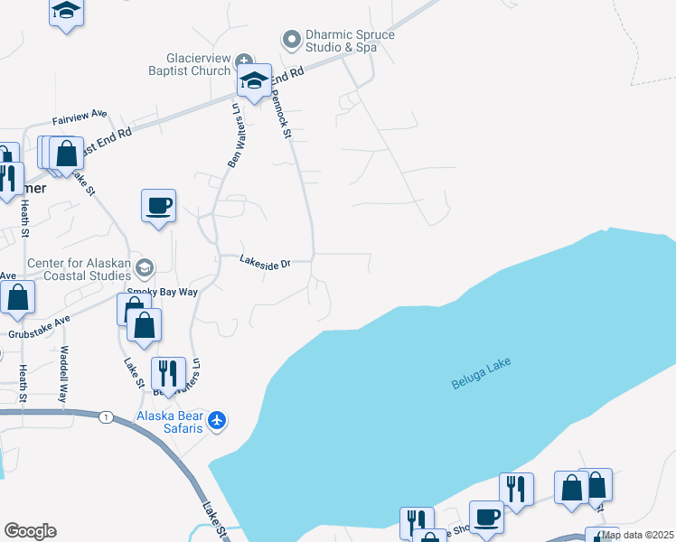 map of restaurants, bars, coffee shops, grocery stores, and more near 3832 Lakeside Circle in Homer