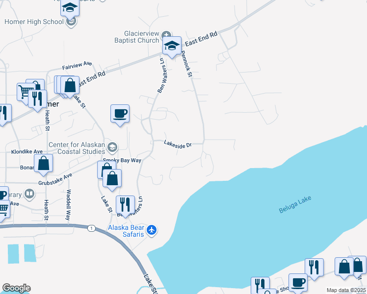 map of restaurants, bars, coffee shops, grocery stores, and more near 937 Ben Walters Court in Homer