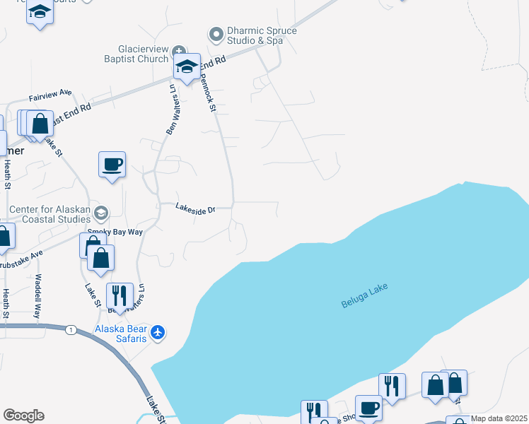 map of restaurants, bars, coffee shops, grocery stores, and more near 3832 Lakeside Circle in Homer
