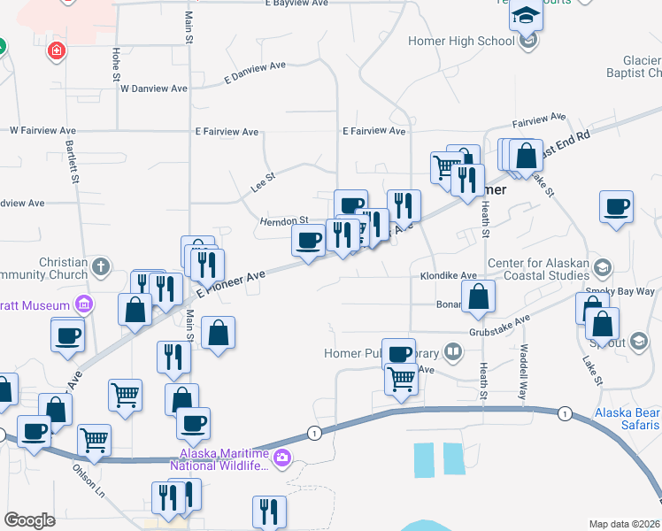 map of restaurants, bars, coffee shops, grocery stores, and more near 331 East Pioneer Avenue in Homer