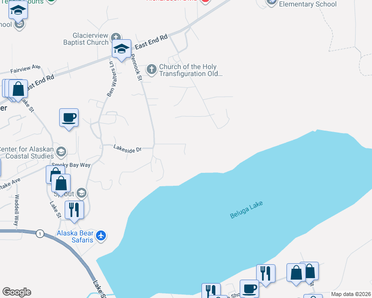 map of restaurants, bars, coffee shops, grocery stores, and more near 3850 Pennock Street in Homer