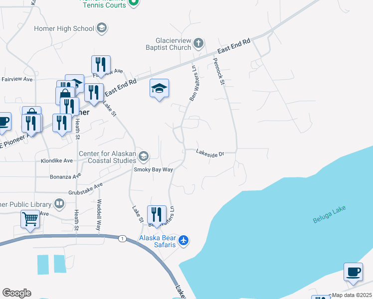 map of restaurants, bars, coffee shops, grocery stores, and more near 3899 Lakeside Drive in Homer
