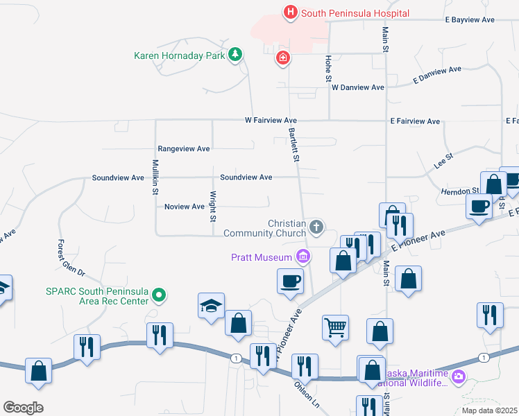 map of restaurants, bars, coffee shops, grocery stores, and more near 436 Spruceview Avenue in Homer