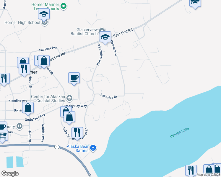 map of restaurants, bars, coffee shops, grocery stores, and more near 1003 Hillfair Court in Homer