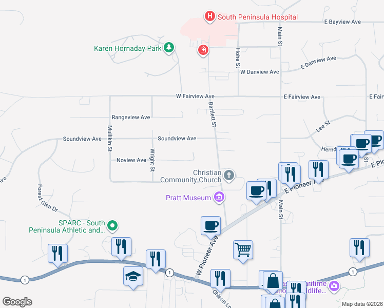 map of restaurants, bars, coffee shops, grocery stores, and more near 408 Noview Avenue in Homer