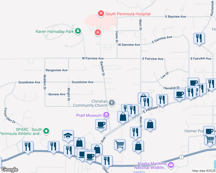 map of restaurants, bars, coffee shops, grocery stores, and more near 344 Noview Avenue in Homer
