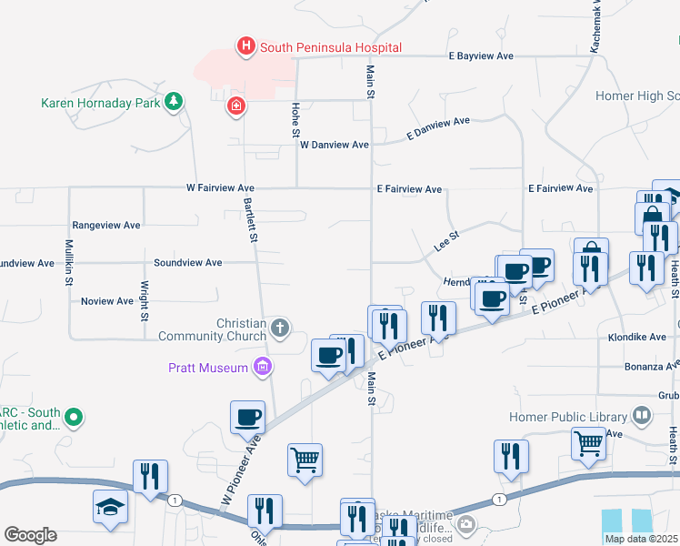 map of restaurants, bars, coffee shops, grocery stores, and more near 3971 Main Street in Homer