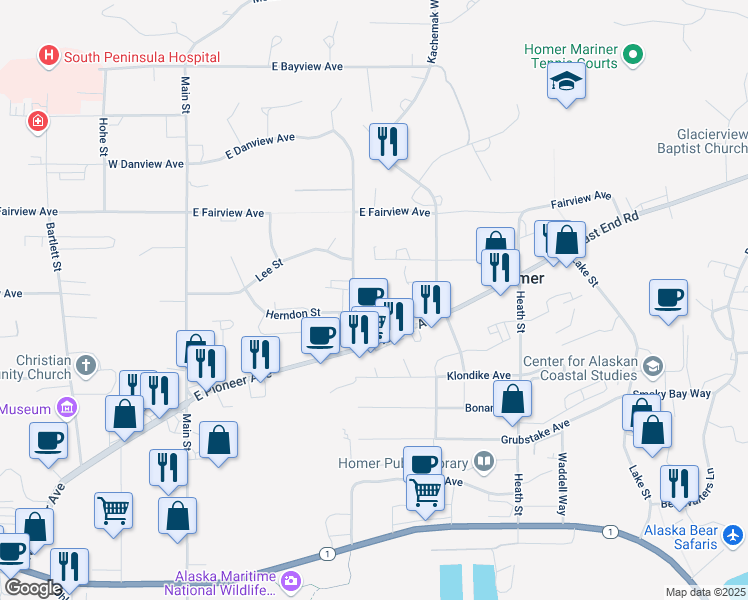 map of restaurants, bars, coffee shops, grocery stores, and more near 3927 Svedlund Street in Homer