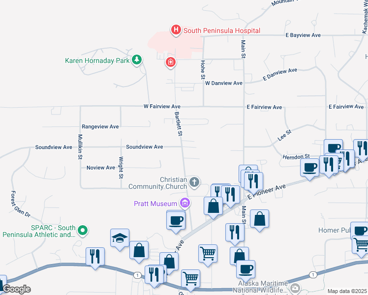 map of restaurants, bars, coffee shops, grocery stores, and more near 344 Noview Avenue in Homer