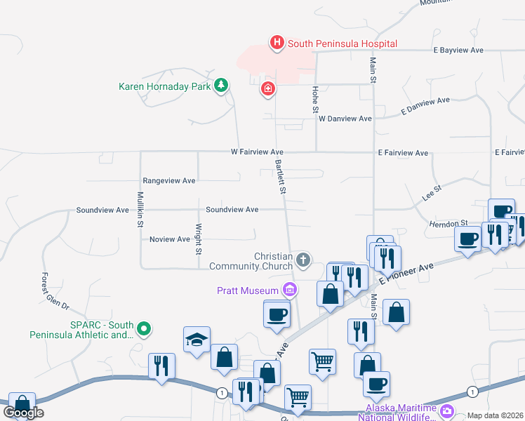 map of restaurants, bars, coffee shops, grocery stores, and more near 408 Noview Avenue in Homer