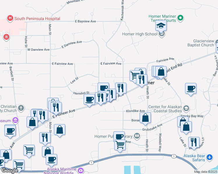 map of restaurants, bars, coffee shops, grocery stores, and more near 3927 Svedlund Street in Homer