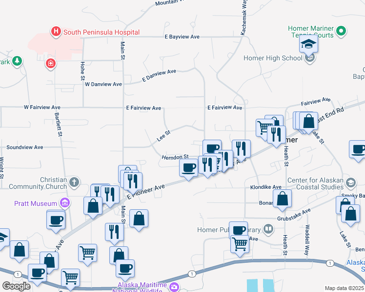 map of restaurants, bars, coffee shops, grocery stores, and more near 277 Herndon Street in Homer