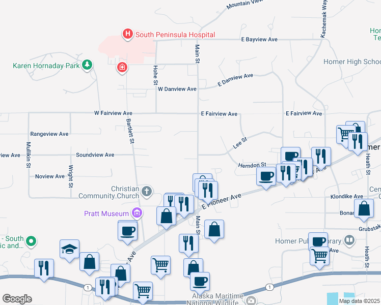 map of restaurants, bars, coffee shops, grocery stores, and more near 3971 Main Street in Homer