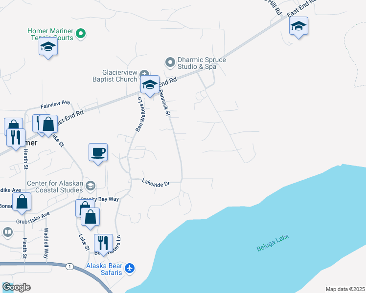 map of restaurants, bars, coffee shops, grocery stores, and more near 1003 Hillfair Court in Homer
