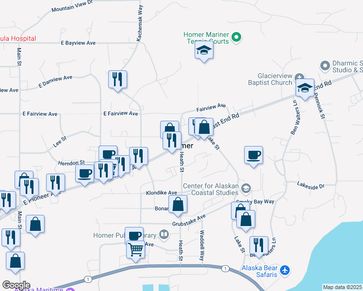 map of restaurants, bars, coffee shops, grocery stores, and more near in Homer