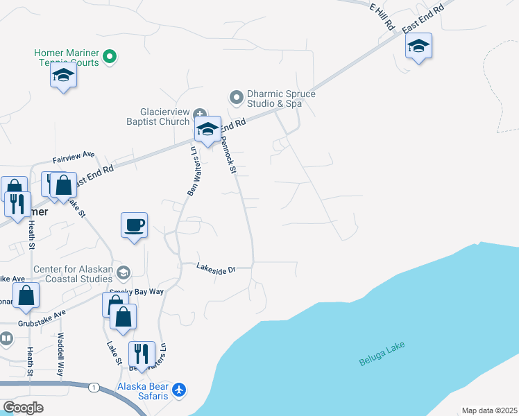 map of restaurants, bars, coffee shops, grocery stores, and more near 1002 Hillfair Court in Homer