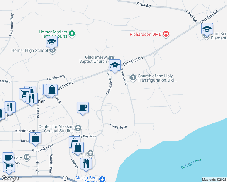 map of restaurants, bars, coffee shops, grocery stores, and more near 893 Lupine Court in Homer